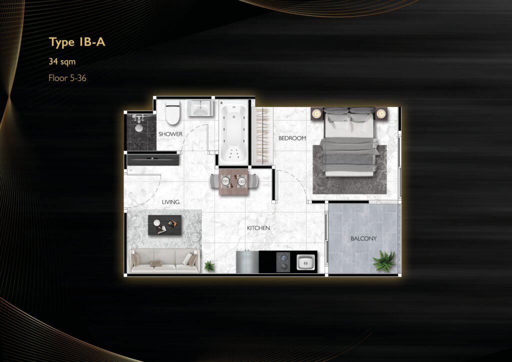 תוכנית דירה Grand Solaire Noble 1 Bedrooms דגם 1B-A פטאיה