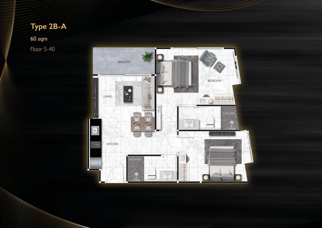 תוכנית דירה Grand Solaire Noble 2 Bedrooms דגם 2B-A פטאיה