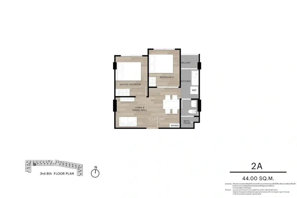 תוכנית דירה Dcondo Vite 2 Bedrooms דגם 2A פטאיה